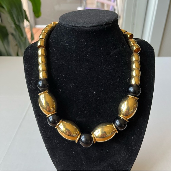 Vintage Napier Chunky Choker Necklace Elegant Gold Tone & Black Beads On Wire - Picture 1 of 9